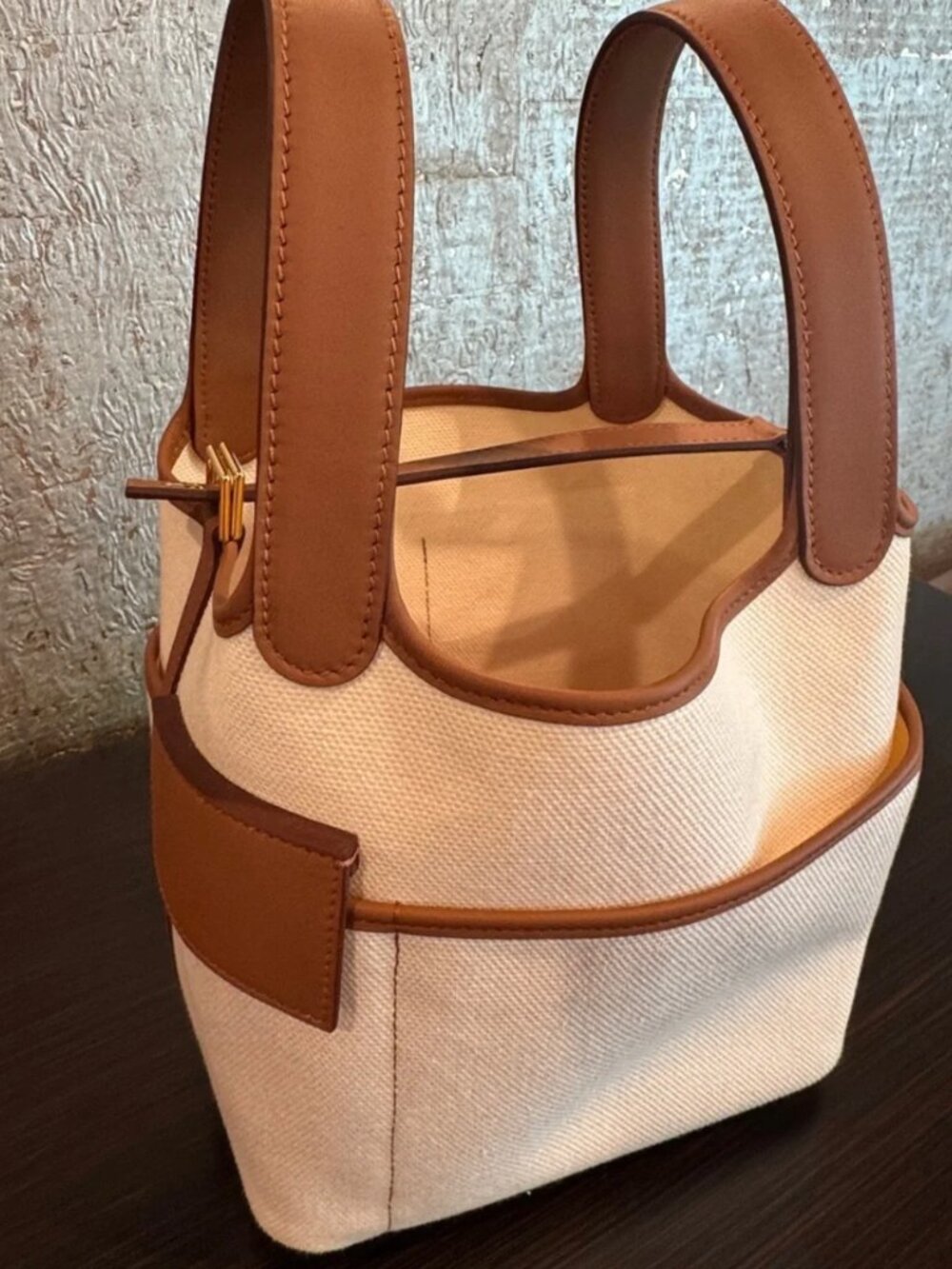 NWT Hermes Cargo Picotin 18 Ecru with Brown Leather Trim, and Gold hardware.